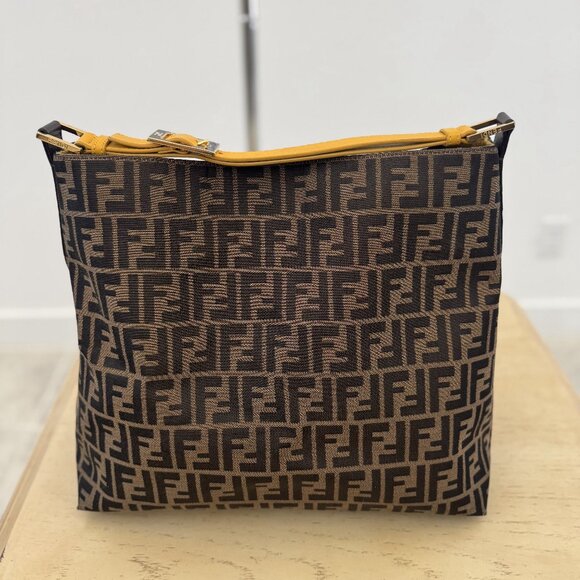 Authentic Fendi Zucca Tobacco Large Hobo Bag with Yellow Handle - Pre-Loved - Picture 1 of 16